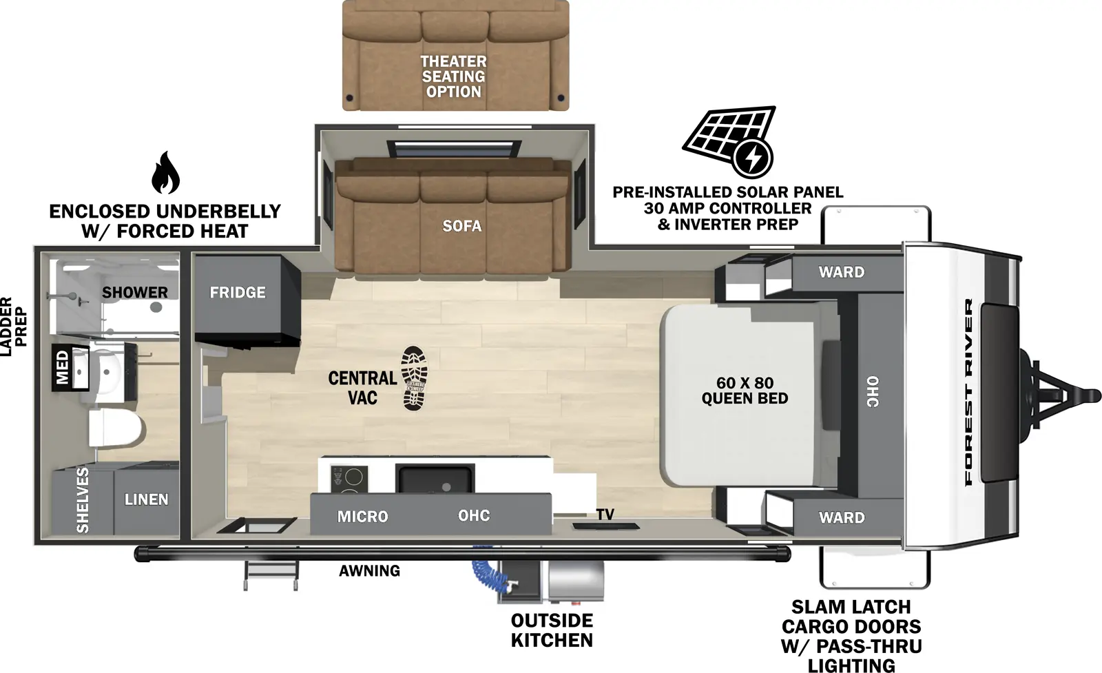 The Ibex 19QRB floorplan has one entry and one slide out. Exterior features include: fiberglass exterior and 16' awning. Interiors features include: front bedroom and rear bathroom.